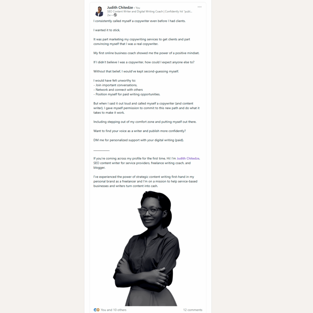 demonstrating how to start writing on LinkedIn with author's LinkedIn post